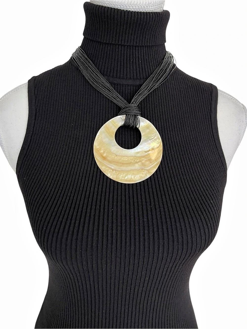 Yellow Shell Pendant Necklace with Black Cords